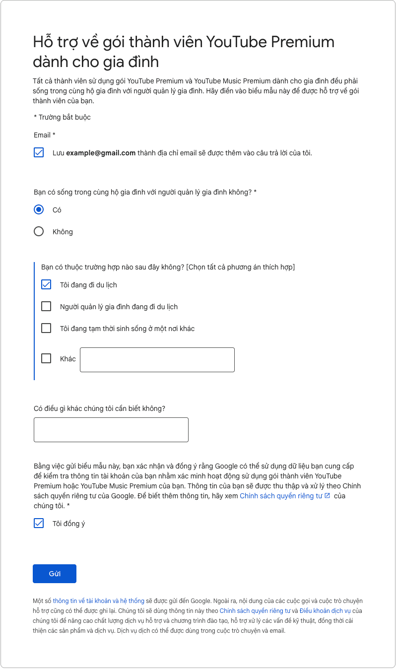 Biểu mẫu hỗ trợ YouTube Premium Family gồm email, câu hỏi về hộ gia đình, tình trạng hiện tại, thông tin bổ sung và phần đồng ý gửi dữ liệu.